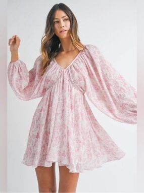 Flowy Pink Floral V-Neck Mini Dress